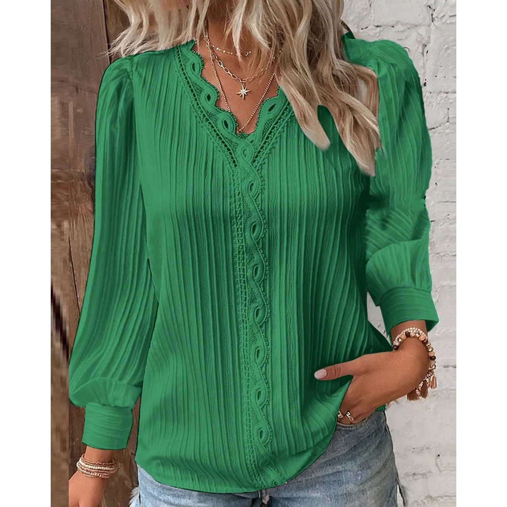 2023 Fashion Women V-Neck Contrast Lace Striped Lantern Sleeve Top Blouse Femme Casual Long Sleeve Tee Shirts Autumn Outfits