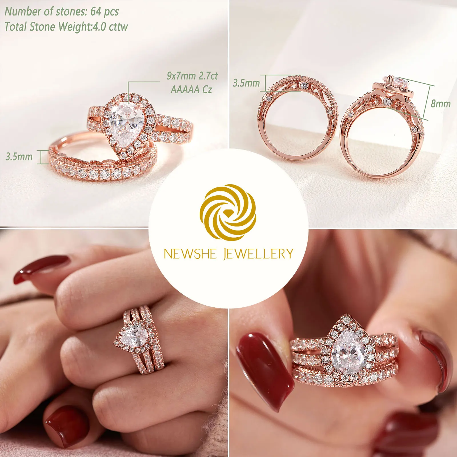 Stunning Yellow Gold 4PC Wedding Ring Set For Women In Sterling Silver