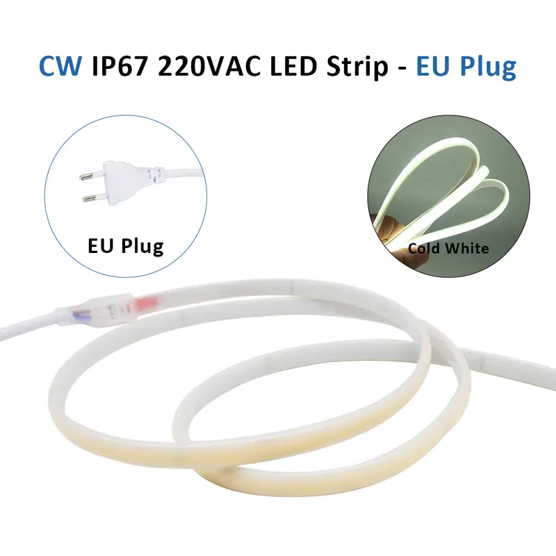 AC220V COB LED Strip Light IP67 Waterproof Flexible Ribbon 2Pin Wire/EU Plug Tape Lamp 3000K/4000K/6000K Outdoor Linear Lighting - Image 11