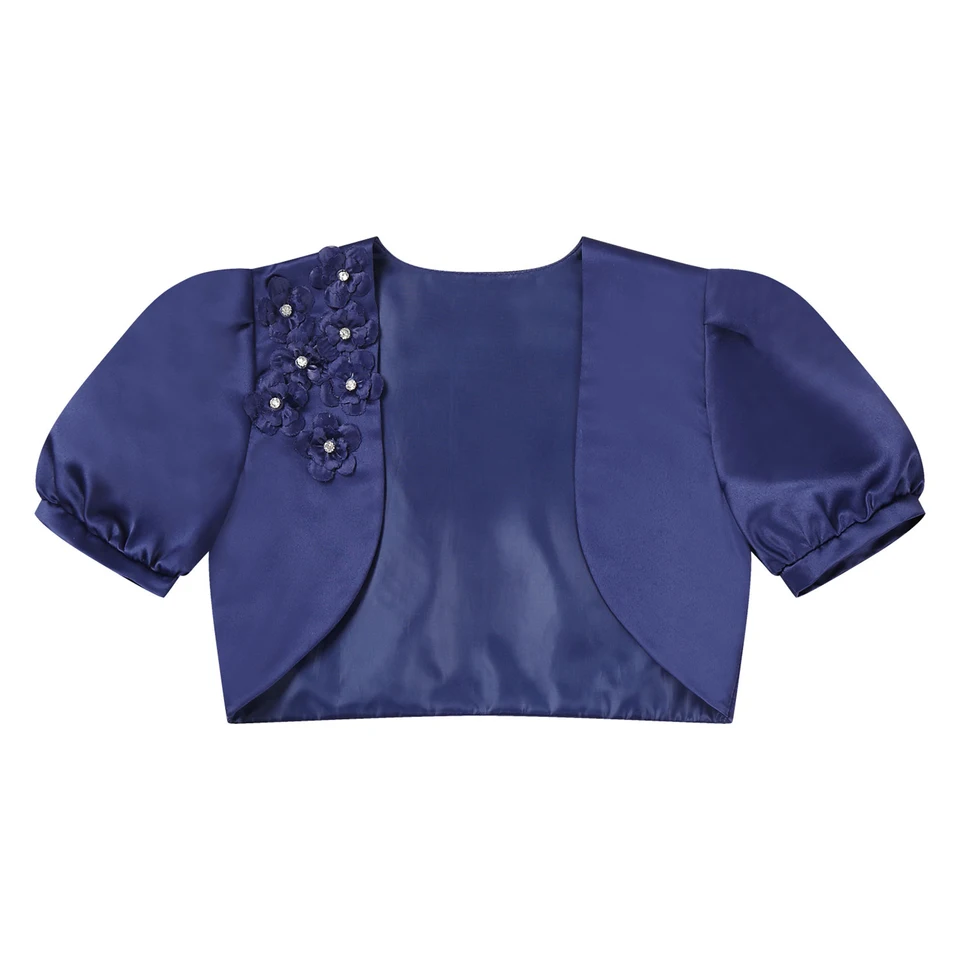 TTAO Feestelijke bolero voor meisjes, satijn, lange mouwen, open schouderjas met bloemen, kort, buikvrij, crop top, jasje voor bloemenmeisjesjurk