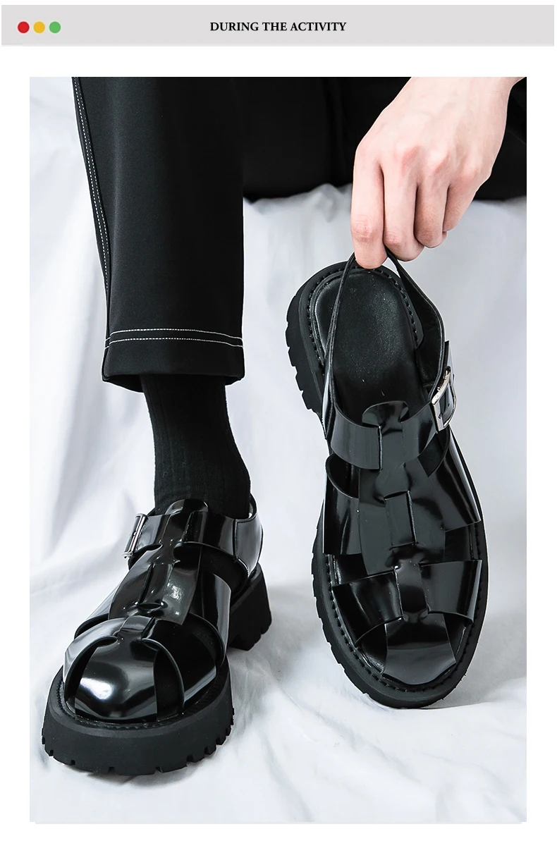 4.5Cm Thick Sole Heightening Sandals Men's Glossy Cowhide Buckle Business Casual British Genuine Leather Summer Sandals for Men