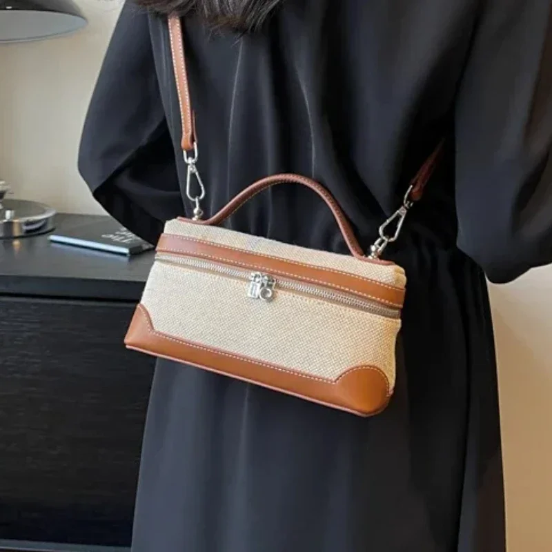 Canvas Bag Shoulder Bag Ladies Handbag Underarm Bag Crossbody Bag Canvas Women's Box Shoulder Bag Zipper Patchwork Sewing Thread Makeup Bag Fashion Crossbody