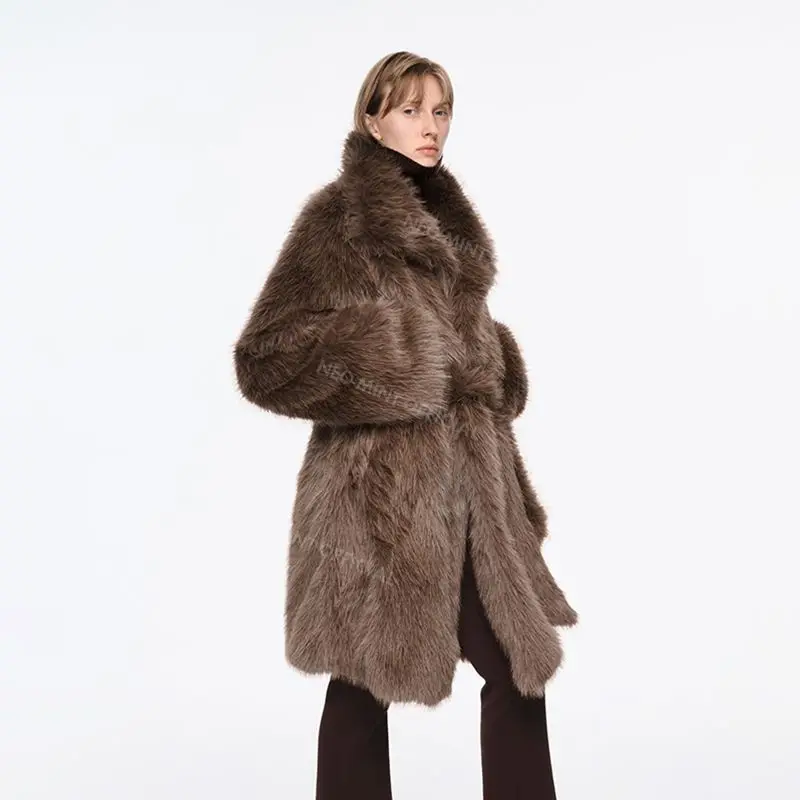 Luxury Brand Belted Long Fluffy Faux Fur Coat Women Winter Thicken Warm Lapel Fox Fur Collar Furry Jacket Overcoat