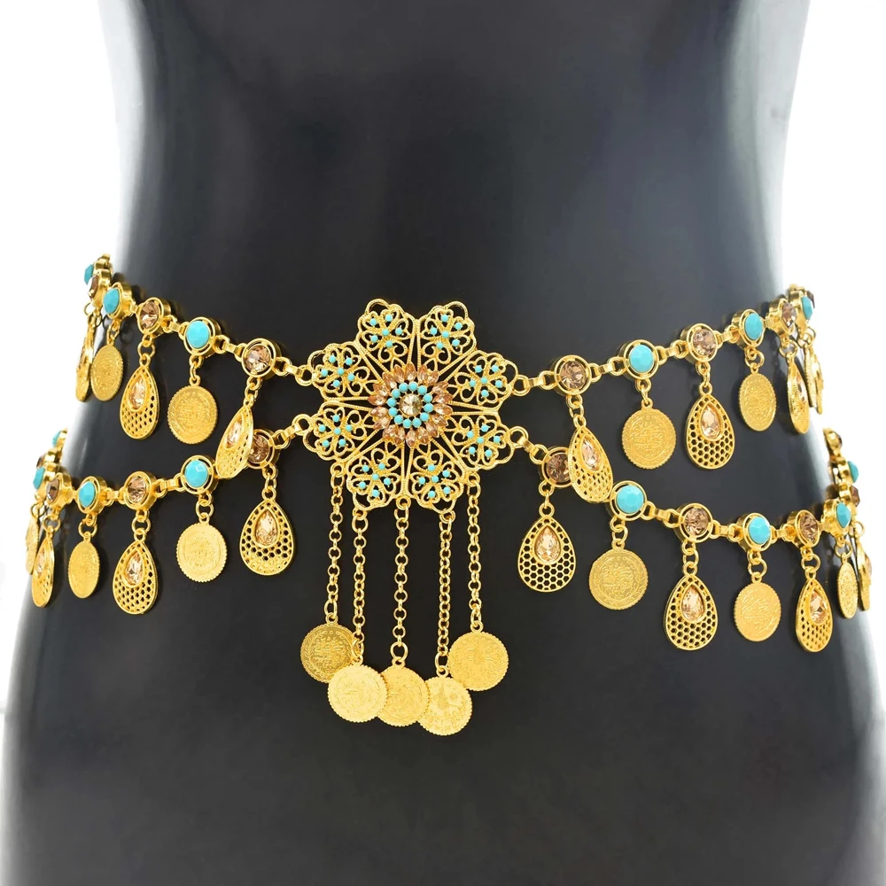 

Luxury Crystal Flower Coin Tassel Ethnic Belly Chain Waist Chain Vintage Indian Dance Metal Belts Boho Summer Beach Body Jewelry