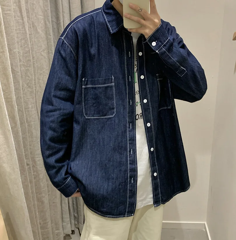 Long Sleeve Denim Shirts Men Plus Size Outerwear Oversize Japan Vintage Jeans Top Shirt Male Clothing Spring Summer Y1