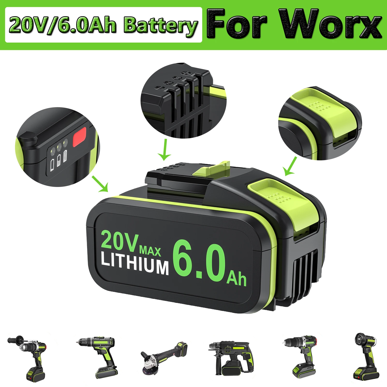 

BATTOOL 6000mAh 20V Li-ion Power Tool Rechargeable Battery For Worx WA3551 WA3572 WA3553 WX390 WX176 WX178