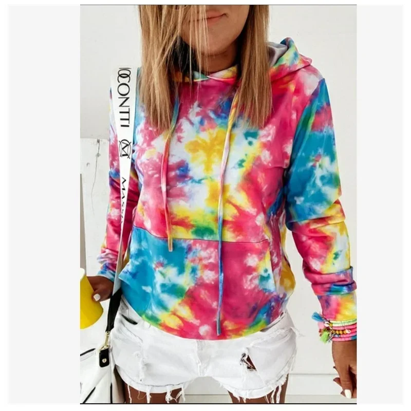 Women Autumn Casual Tie Dye Hoodies Vintage Sweatshirt 2021 Hooded Tops New Pullovers Female Streetwear Casual Clothing Harajuku