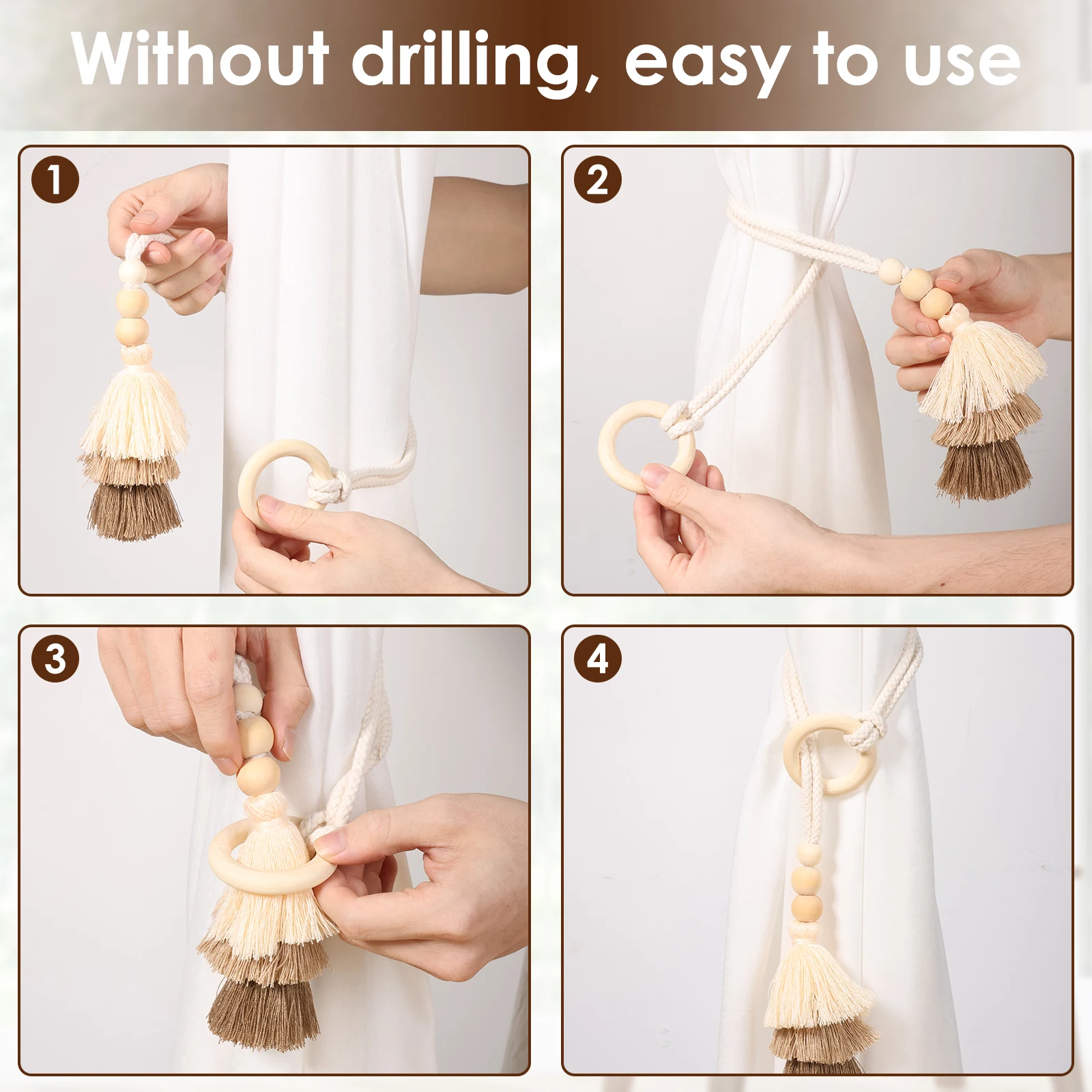 4/6 Pcs Curtain Tiebacks Fringed Wooden Ring Curtain Tieback Bohemian Style Curtains Clasp for Bedrooms Room and Home Decoration