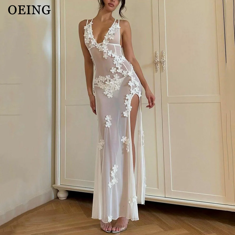 

OEING Sexy White Party Dresses Simple Illusion V Neck High Slit Ankle Length Prom Gown Charming Event Cocktail Party Dress Gala