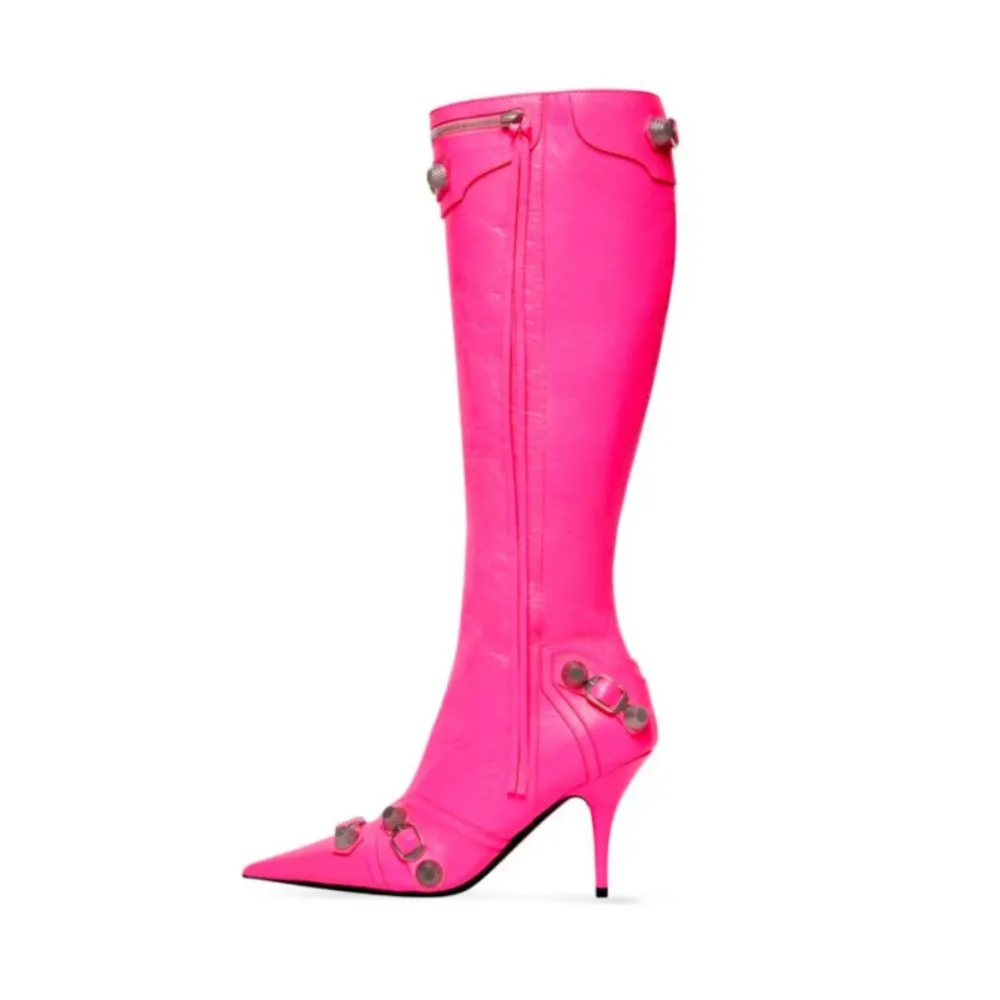 

2023 Autumn and Winter Luxury Brand Sexy Pointed Toe Stilettos Metal Buckle Denim Knee High Boots 4 Seasonal Shoes Size 43 44