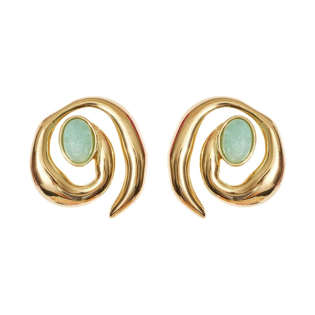 Retro Tidal Spiral Natural Turquoise Stud Earrings for Women 18K Gold Plated Glossy Caracol Hypoallergenic Earring Punk Jewelry
