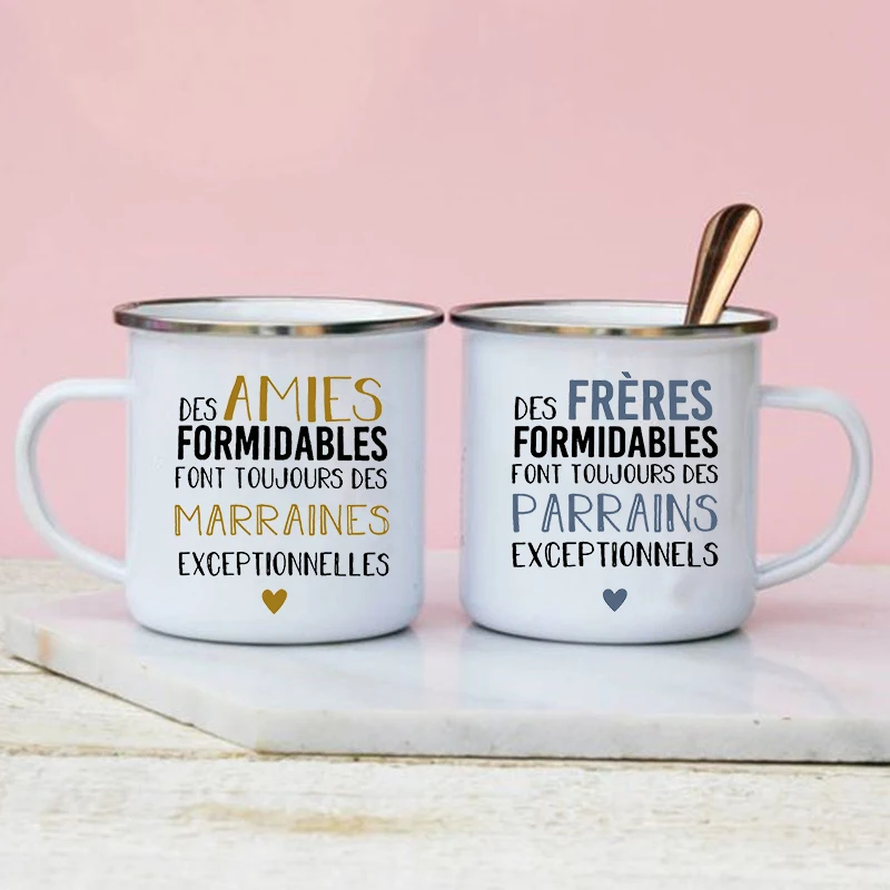 French Print Would You Be My Godmother & Godfather Enamel Mug Drink Coffee Cup Ask Marraine Parrain Request Retro Mugs Best Gift