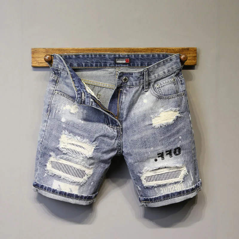 Summer Ripped Hole Shorts Men's Korean Straight Micro Elastic Patch Beggar Short Pants High-end Designer Handsome Jeans