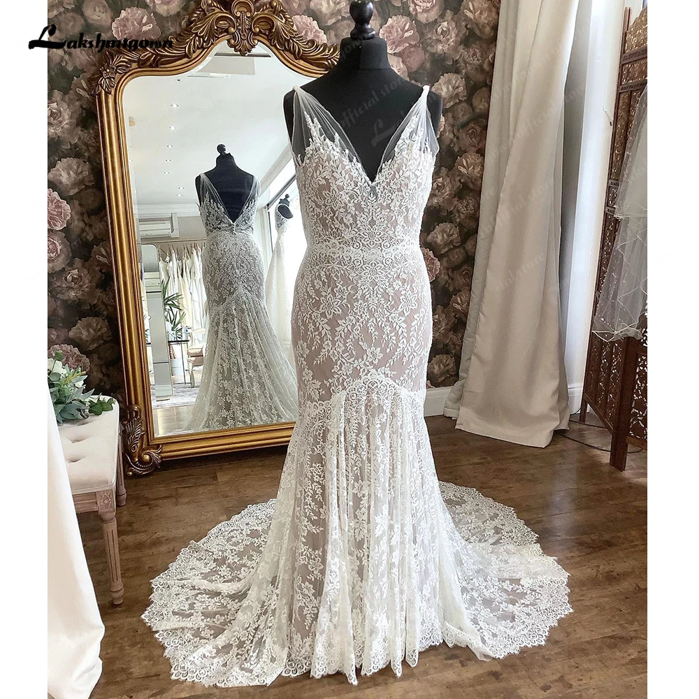 

Lakshmigown Sexy Full Lace Mermaid Wedding Gowns for Women 2024 V Neck Vestidos Backless Bridal Dress Robe de marie Custom Made