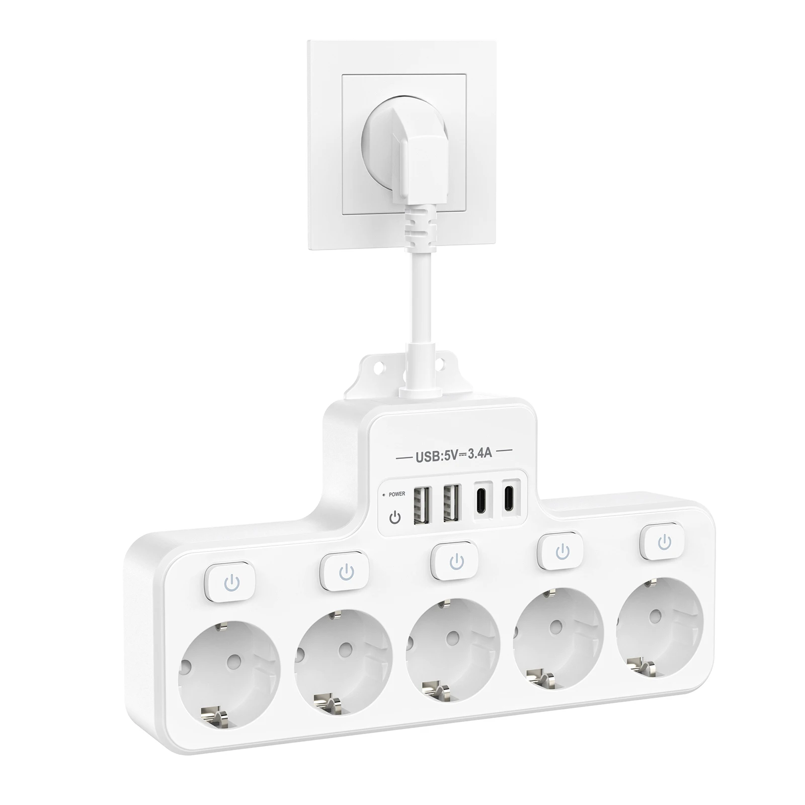 Steckdosenleiste, 5-Wege-Multicontact-Steckdose, EU-Stecker mit 4 USB-Anschlüssen, 3,1 A/5 V, 3840 W, mehrere Steckdosen mit Schalter für Zuhause