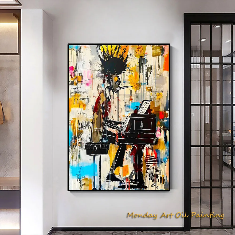 

Hand Painted Oil Painting Jazz Musician Contemporary Graffiti Modern Extra Large Ready To Hang Trendy Urban Housewarming Gift