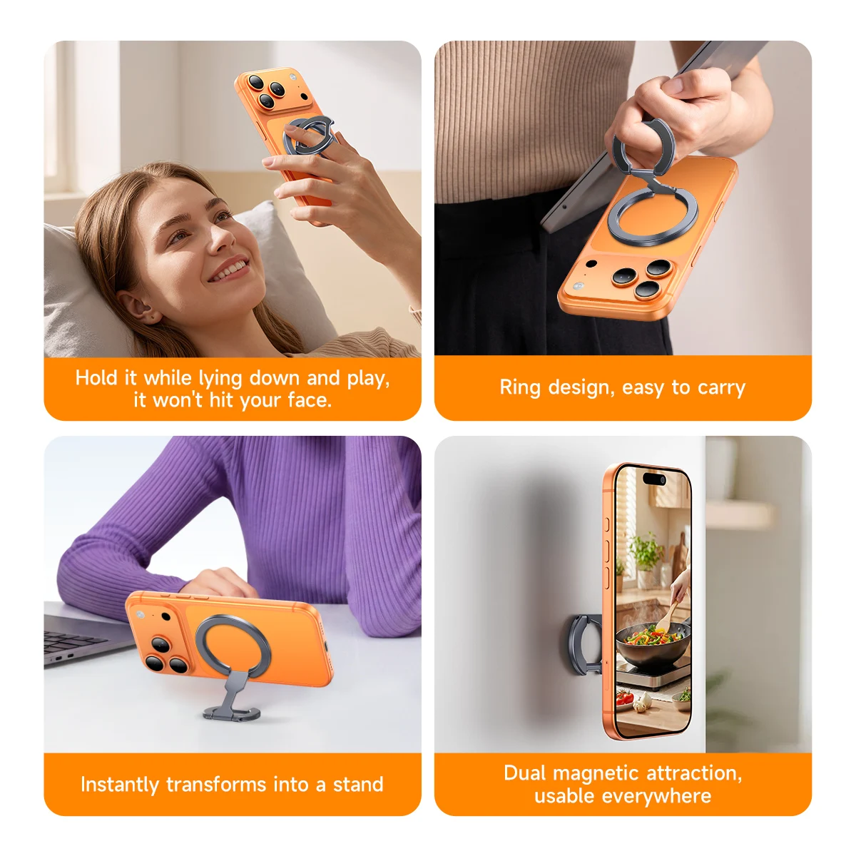 Magnetic Phone Ring Holder with Removable Grip and Kickstand - Mobile Phone Bracket