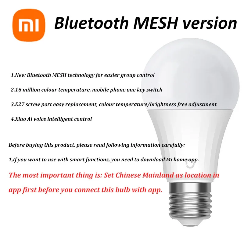 Smart LED Light Bulbs Xiaomi Mijia LED Bulb Bluetooth MESH Version 5W 500lm 2700K-6500K Color Temperature E27 220V Works with Mi Home App