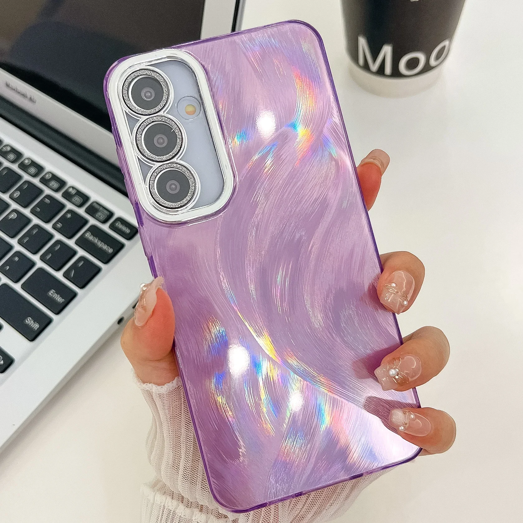 Luxury Laser Feather Gradient Rainbow Phone Case with Lens Film