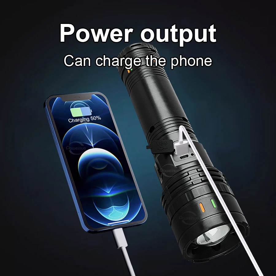 68000000lm 슈퍼 강력한 LED 손전등 15000mah 내장 배터리 충전식 토치 줌 4km 강한 조명 전술 손전등