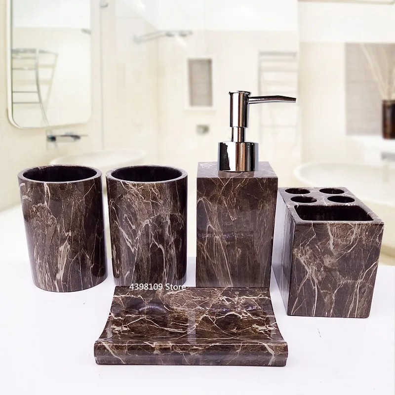 

Nordic Bathroom Products, Toothbrush Holder, Soap Dispenser, Soap Box, Imitation Marble Texture Resin Set, Bathroom Decoration
