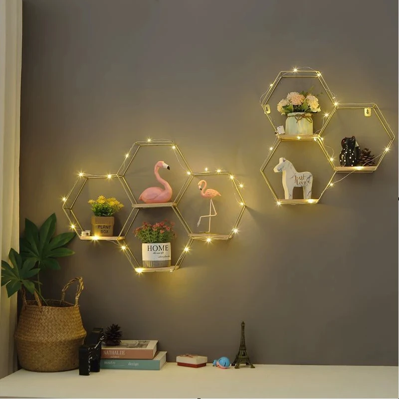 Metal Floating Wall Shelf Sundries Storage Holder Living Room Home Decoration Wall Mounted Hexagon Shelf Handicraft Display Rack 2