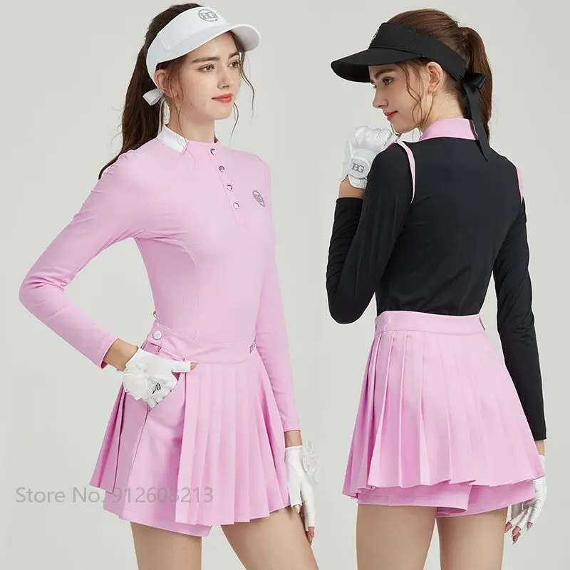 

Blktee Ladies Long Sleeve Golf Tops Slim Patchwork Golf Shirt High Waist Anti-exposure Skirt Women Golf Pleated Skort Suit S-XXL