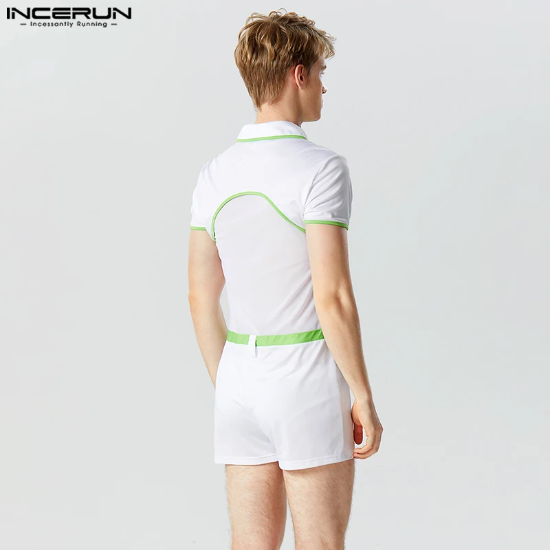 INCERUN 2023 Sexy Men's Homewear Bodysuits Splice Contrast Design Bodysuits Fashionable Short Sleeve Flat Angle Jumpsuits S-5XL
