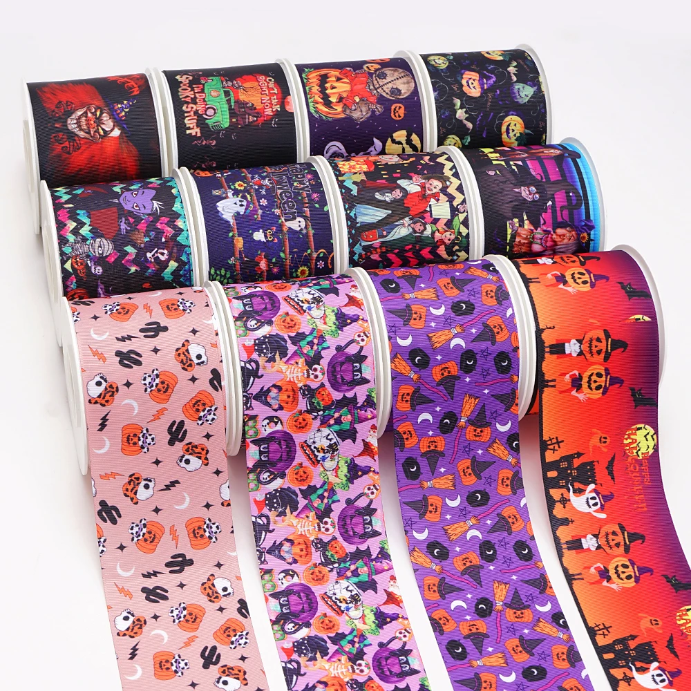 5 Yards Halloween Printed Grosgrain Satin Ribbons For Bows DIY Craft