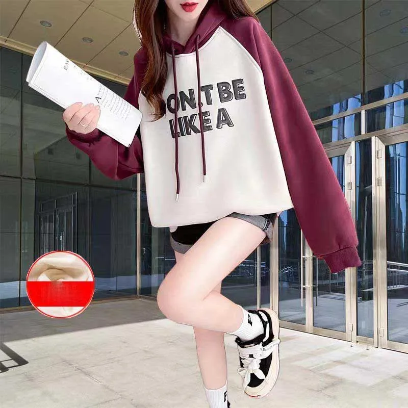 Fashion Spliced Printed Letter Hoodies Sweatshirts Female Clothing 2023 Winter Loose All-match Tops Casual Warm Sweatshirts