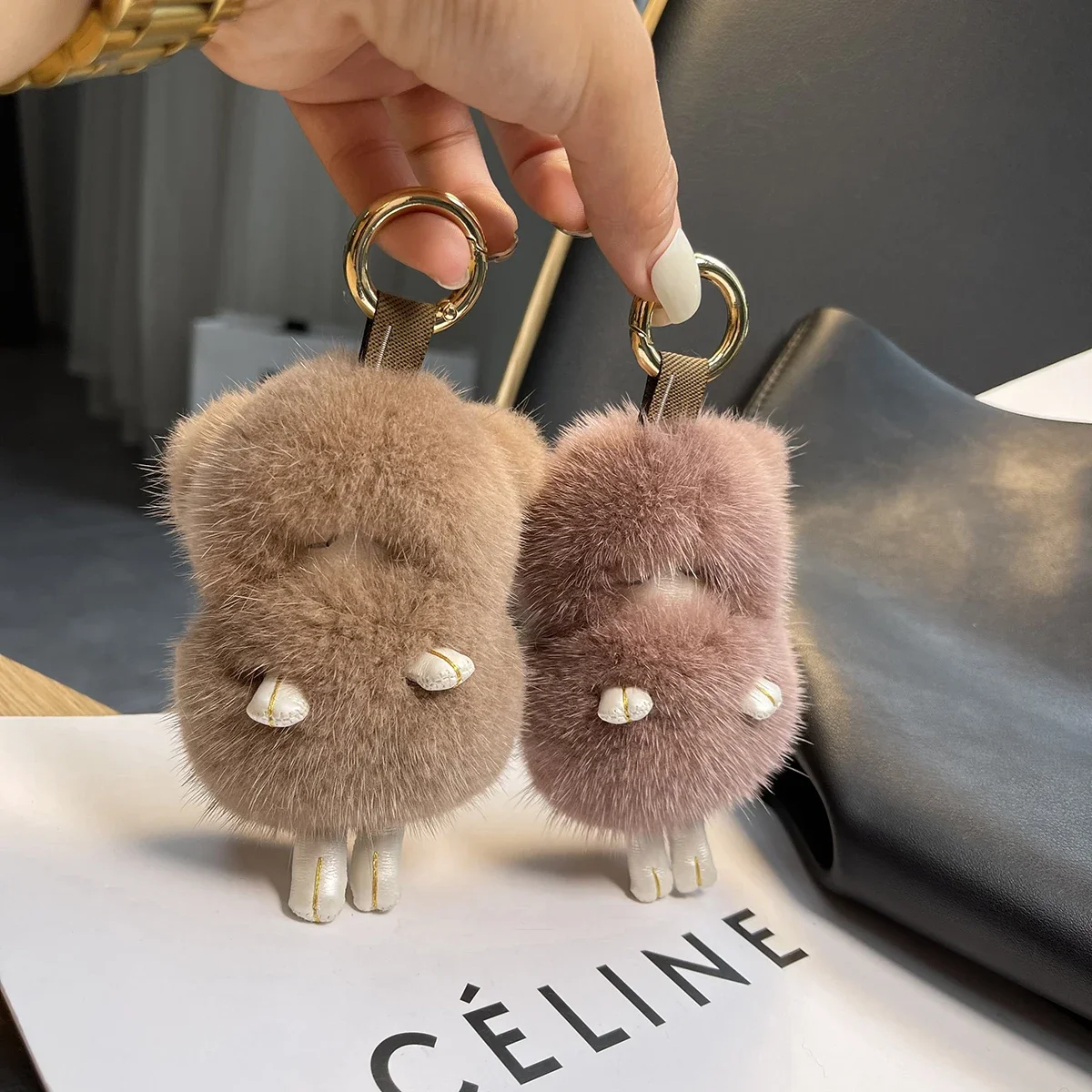 2024 Trendy Real Mink Fur Keychain Women Cute Sleeping Sheep Pendant Metal Car Keyring Bag Charms Ornament Jewelry Trinket Gifts