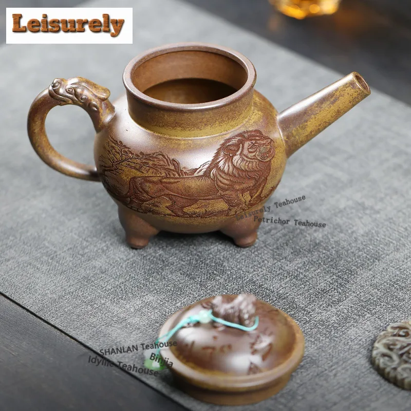 450ml Yixing Purple Clay Teapots Handmade Auspicious Beast Pot Raw Ore Wood-fired Porcelain Mud Kettle With Infuser Zisha Teaset
