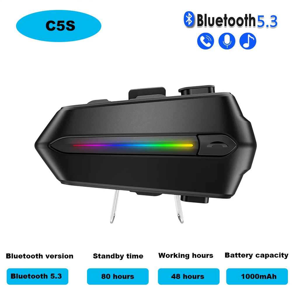 

C5S мотоциклетная беспроводная гарнитура для шлема BT5.3, батарея 1000 мАч, водонепроницаемая, RGB-вспышка, цвет светильник, наушники с микрофоном, наушники
