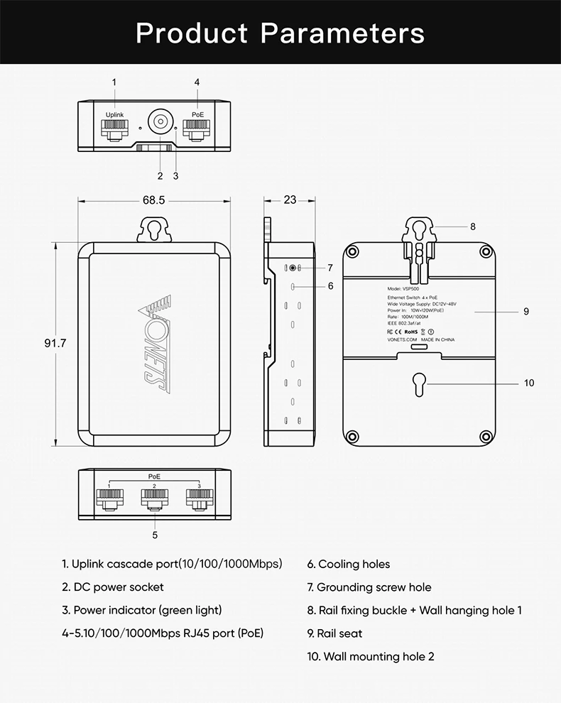Vonets-comutador de Rede Gigabit Ethernet Industrial Divisor Ethernet Metal Plug And Play Vsp500 Portas Poe 1000m Vsp500 - Imagem 5