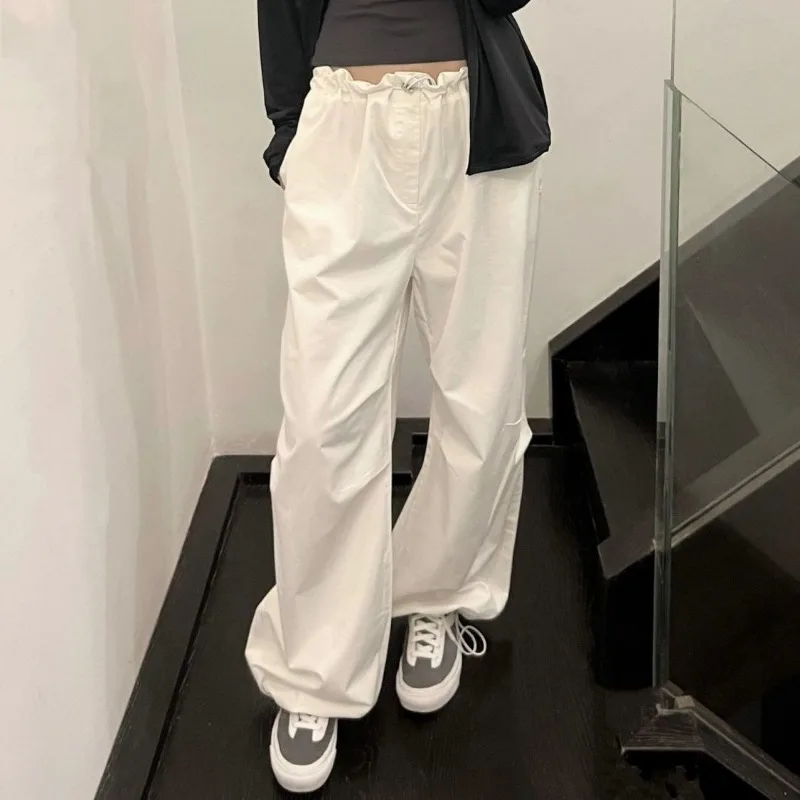 Deeptown White Basic Women Casual Pants Elastic Waist Baggy Sweatpants Korean Style Streetwear Summer Oversized Trousers Hippie