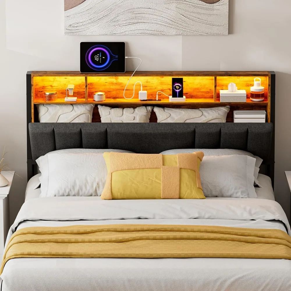 Hidden Storage Headboard with LED Lights, Ergonomic Upholstered Queen Headboard Only with Charging Station, 2 Outlets & 2 USB 6