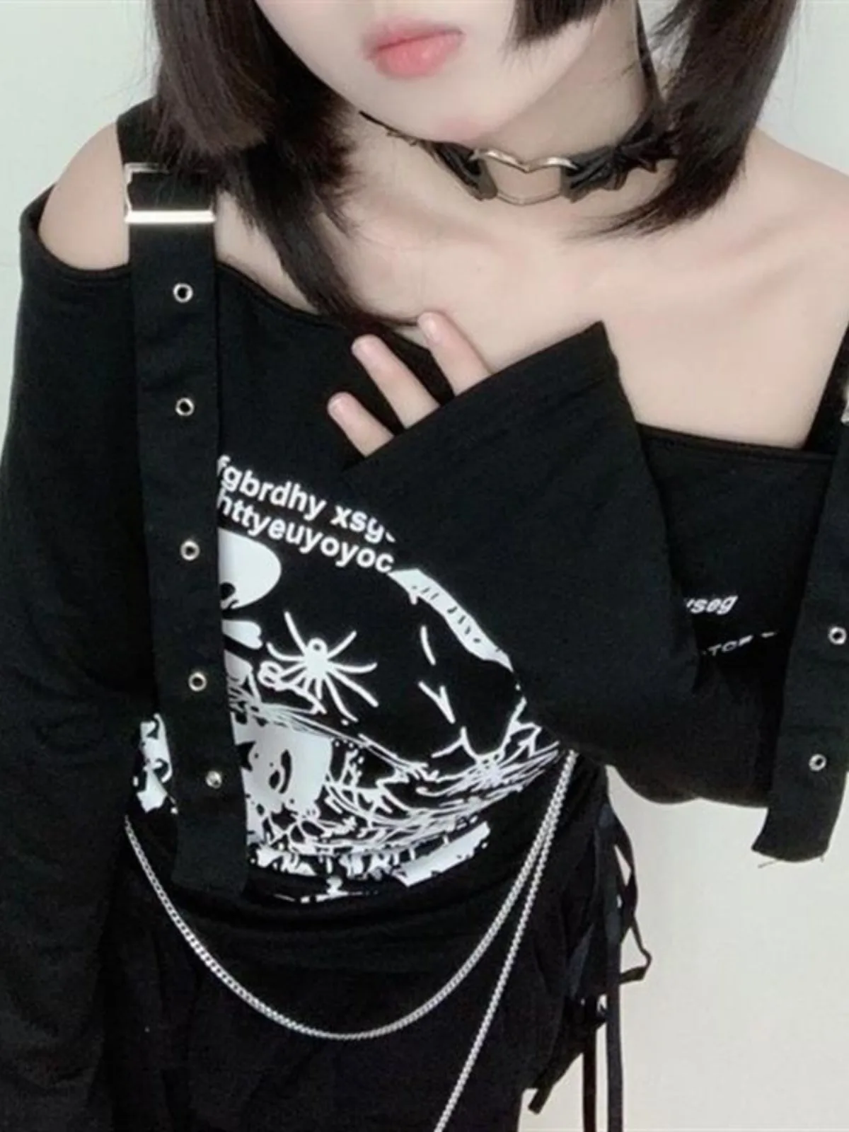 トップス melt the lady gothic long T-shirts Elippeo Women Rhinestone Graphic Print T-shirt Harajuku
