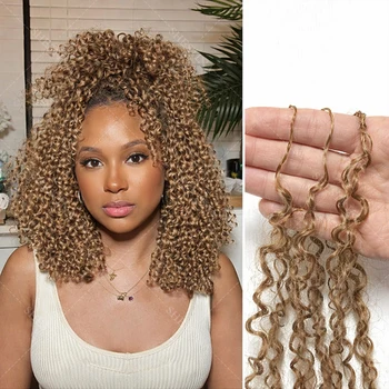 Honey Blonde Feather Crochet Human Hair Extensions Knotless Pre-Separated Pixie Curl Small Spirals Curly Crochet Hair for Boho 1