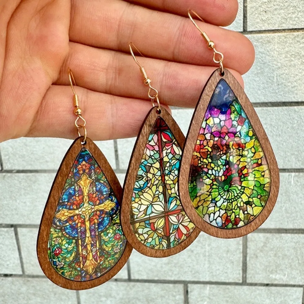 Kaleidoscope Pattern Mosaic Stained Glass Earrings Bright Vintage