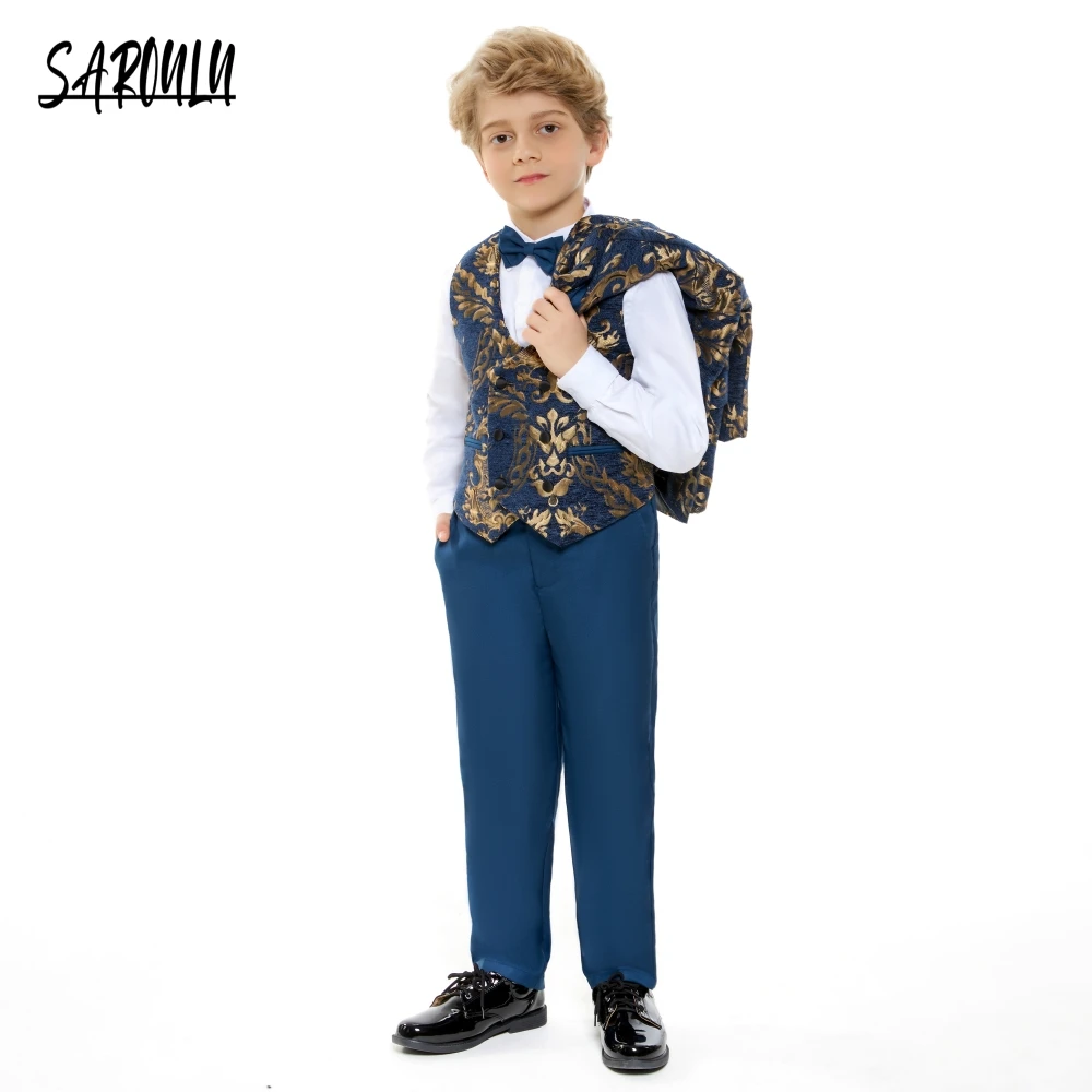 4 Pieces Boys Blazer Kids Wedding Formal Jacket Gentleman Birthday Party Performance Suit Children Spring Autumn Clothing HH013