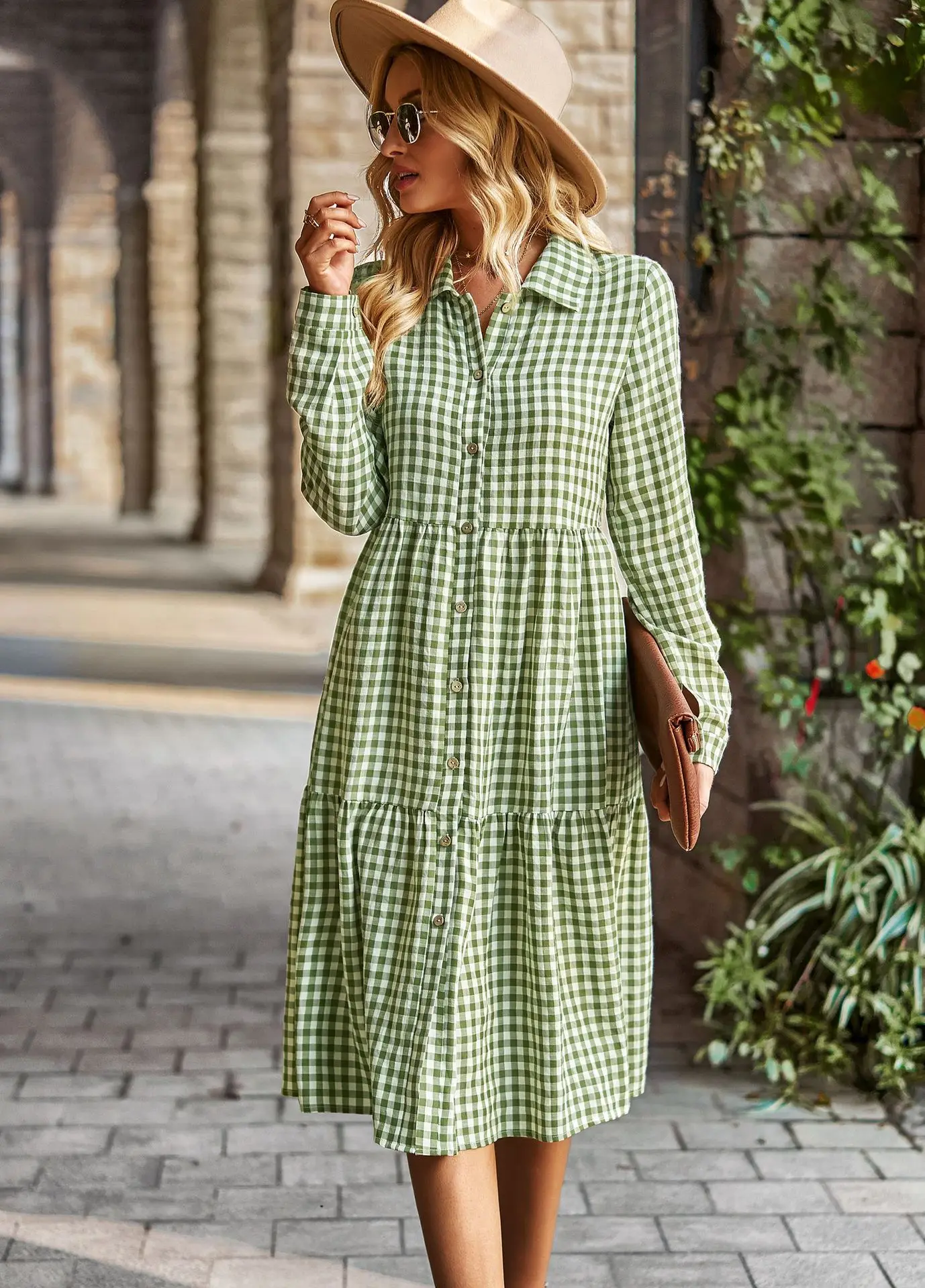 2023 New Plaid Print A-line Long Sleeve Shirt Dress Women