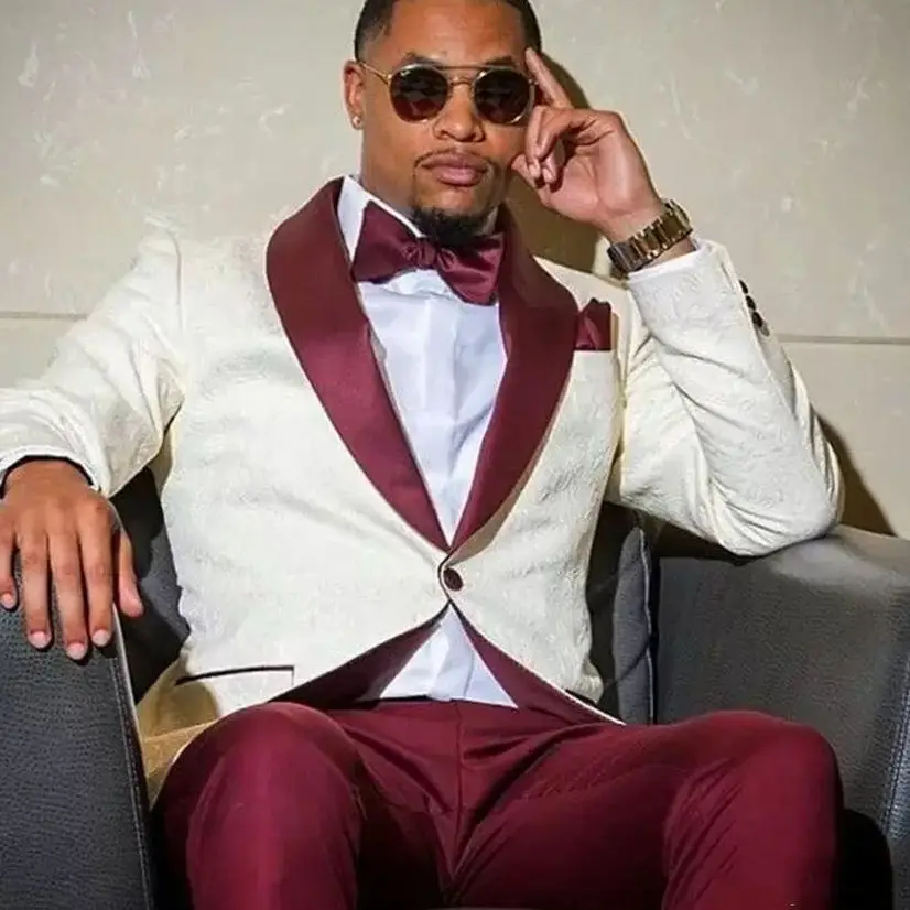 Mens Suits Blazers Groomsmen Lvory Pattern And Burgundy Groom Tuxedos Shawl Lapel 2 Pieces For Wedding( Jacket+Pants )