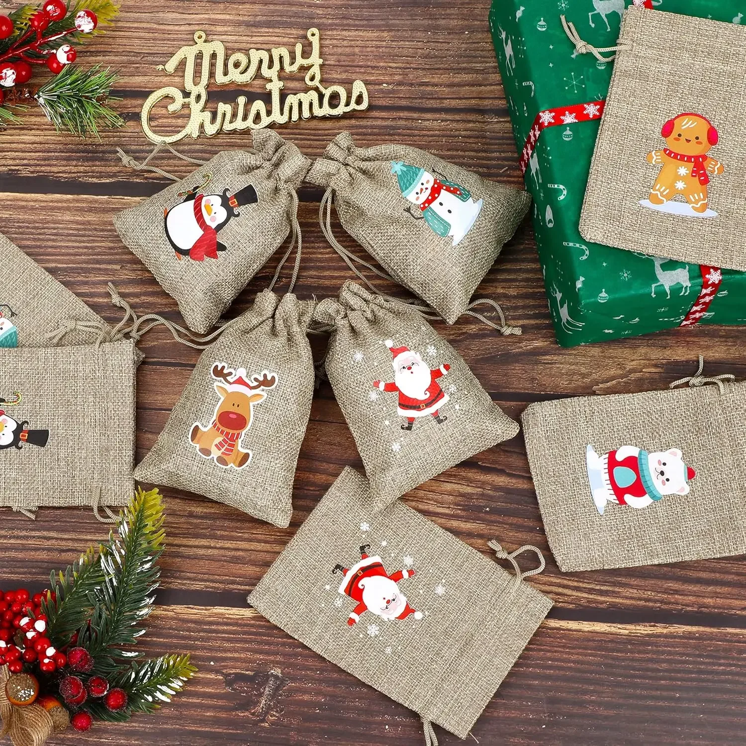 2026 Christmas Advent Calendar Small Christmas Gift Bags Tiny Christmas Burlap Candy Bag Holiday New Year Party Favors Supplies
