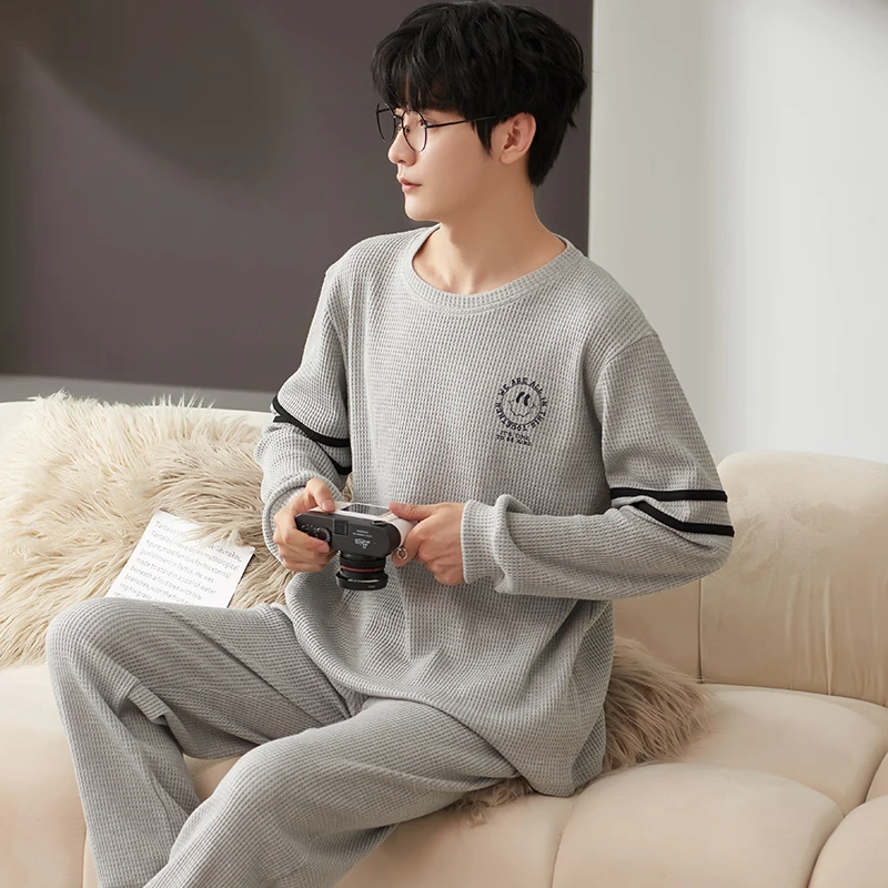 Mens Pajamas Solid Color Casual Soft Sleepwear Cartoon Breath Pajama Sets Sleep&Lounge Pyjamas Spring Autumn Comfort Homewear