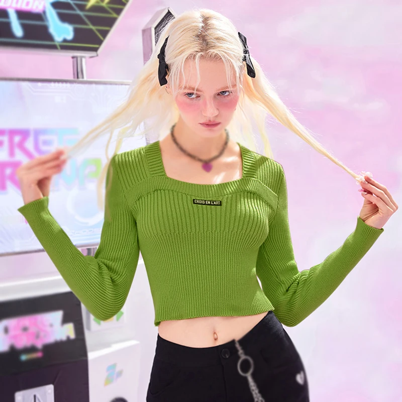 

Женский трикотажный топ на весну и осень, повседневный модный однотонный свитер с длинным рукавом и квадратным вырезом