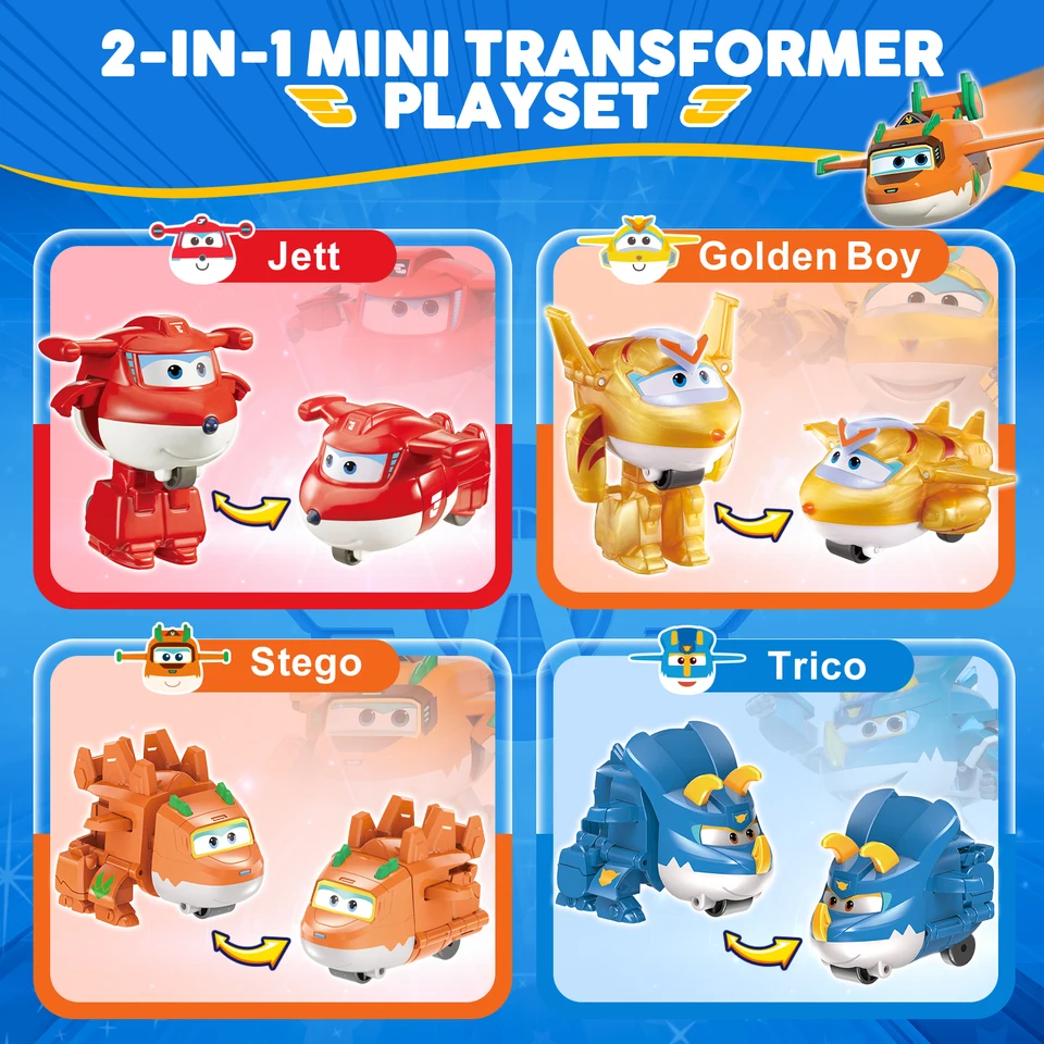 Super Wings Personaggi Trasformabili, Confezione da 4 Pack, 5 cm Sally, Steggo, Trico & Brachy, Giocattoli per Bambini 3+ Anni, Senza Batterie, Plastica ABS Sicura, Action Figures da Collezione Super Wings Personaggi Trasformabili, Confezione da 4 Pack, 5 cm Sally, Steggo, Trico & Brachy, Giocattoli per Bambini 3+ Anni, Senza Batterie, Plastica ABS Sicura, Action Figures da Collezione