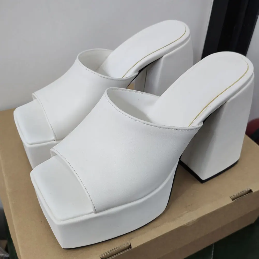 GIGIFOX Brand New Big Size 43 Summer White Chunky Heeled Mules High Heels Sexy Party Platform Heel Sandals Shoes For Women 2022