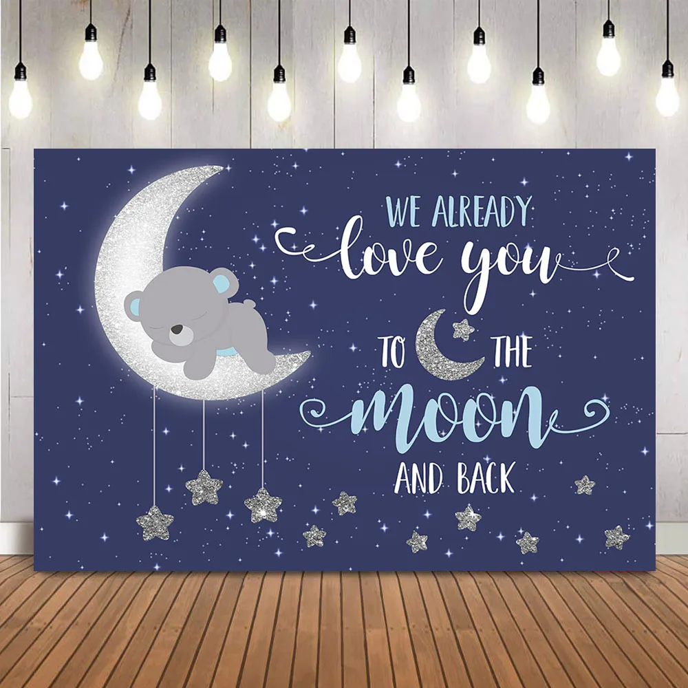 Bear Baby Shower Backdrop Dark Blue Sky Photo Background Love You To The Moon And Back Decorations Gender Neutral Baby Shower