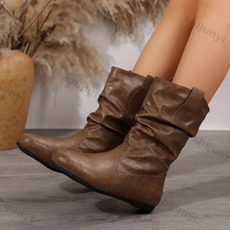 Women Flat Mid-calf Suede Ankle Boots Platform West Cowboy Shoes