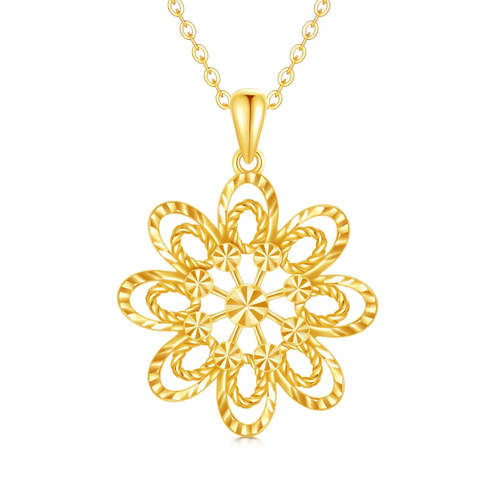 YFN 14K Real Gold Flower Pendant Necklace for Women Yellow Gold Diamond-Cut Necklace Anniversary Birthday Gifts